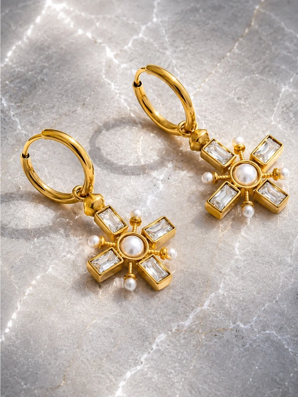 Gold plated Cross Hoop Earrings with Pearls and Crystals